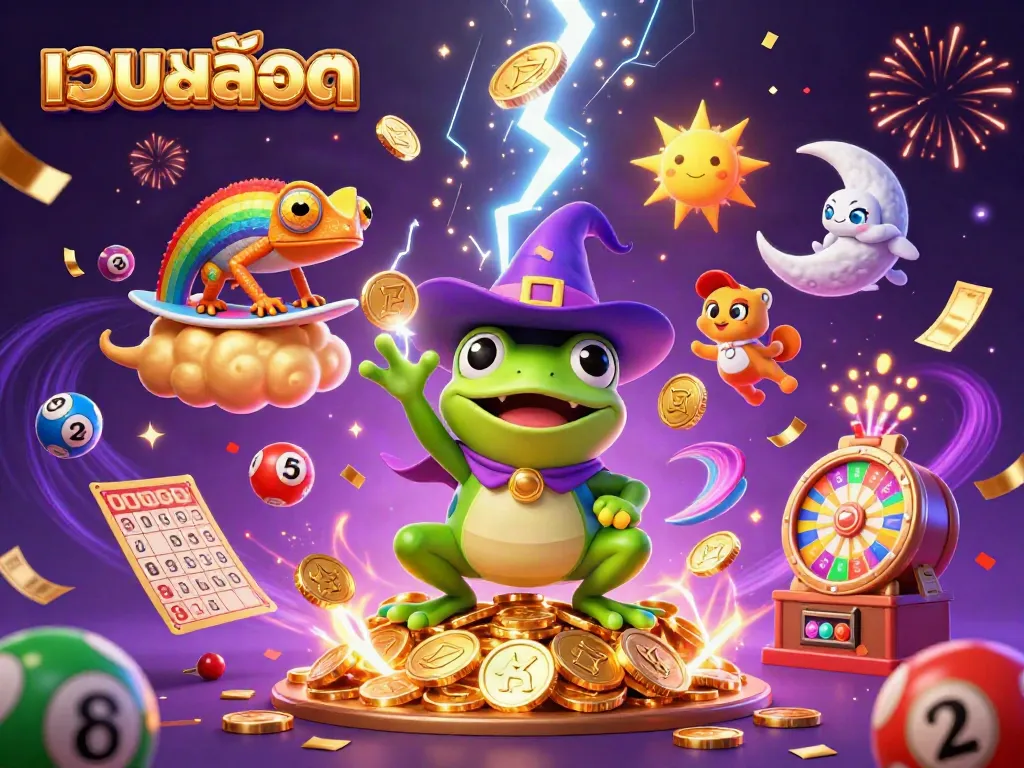 เกมสล็อต เว็บสล็อต ที่เต็มไปด้วยลูกบอลลอตเตอรี่และเหรียญทองในบรรยากาศที่มีมนต์ขลัง