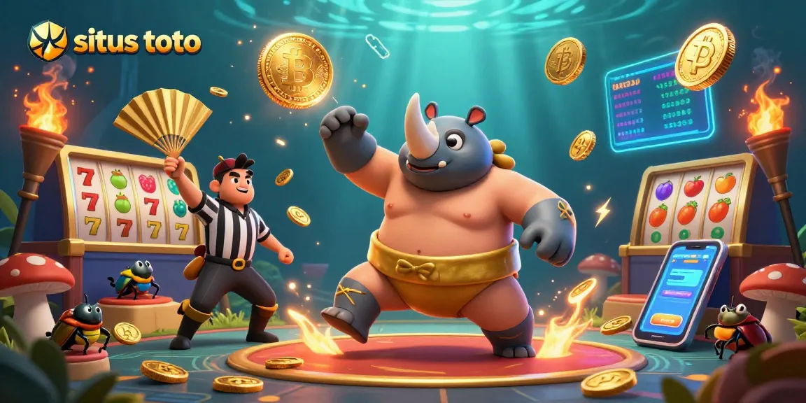 Situs toto betting scene with dynamic elements, showcasing a sumo champion beetle and crypto coins.