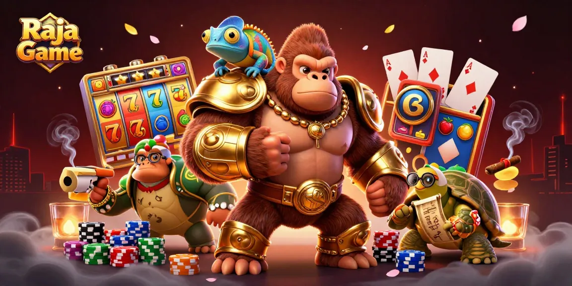 Raja Game features immersive gaming, including exciting slot reels and vibrant characters.