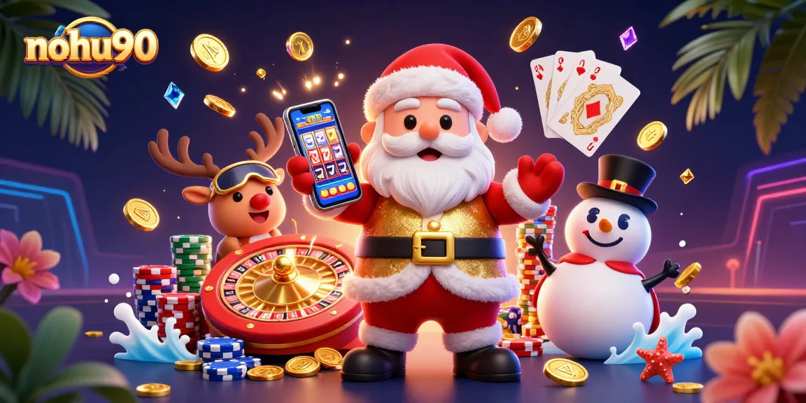 Experience jackpot excitement at nohu90 with Santa, a reindeer dealer, and a poker chip snowman in a dazzling casino scene.