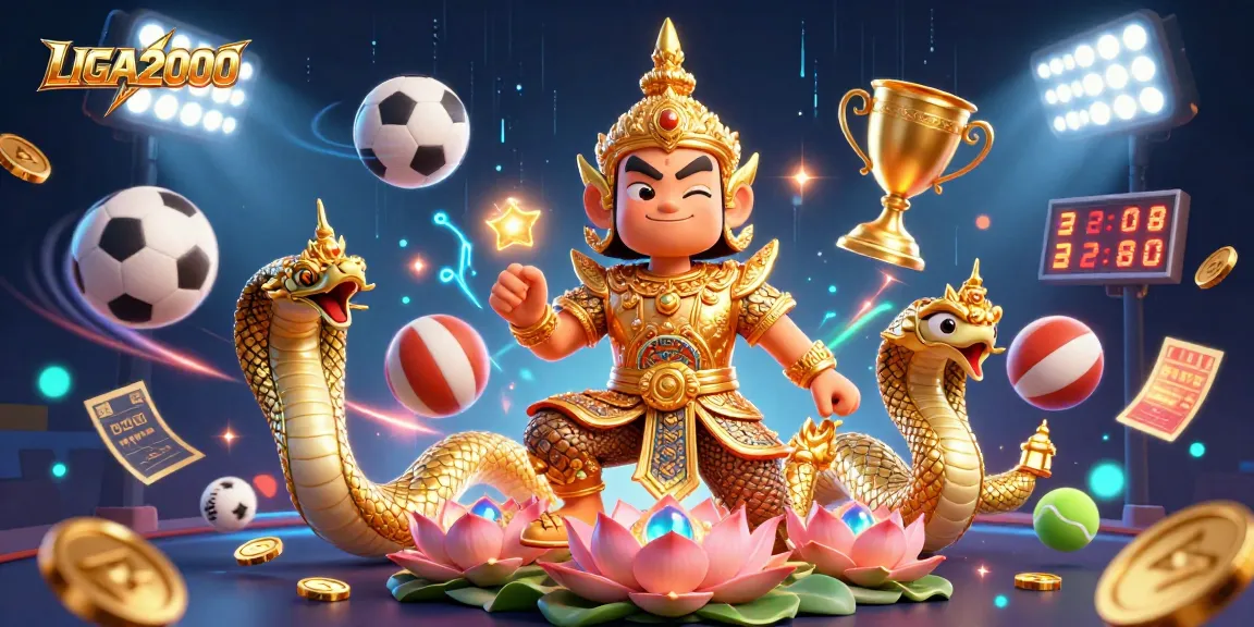 LIGA2000 menampilkan ilustrasi 3D yang cerah dari seorang penjaga dengan elemen olahraga, melibatkan penjudi dalam kegembiraan.