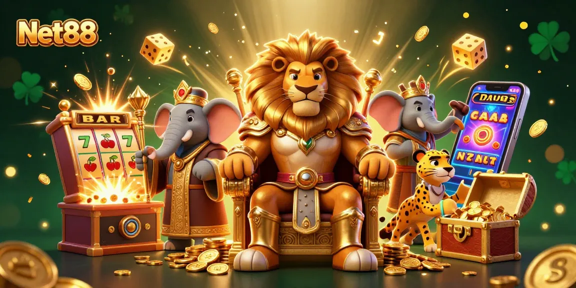 Win big with Net88 at the vibrant casino, featuring a lion king, elephant advisor, and cheetah messenger.