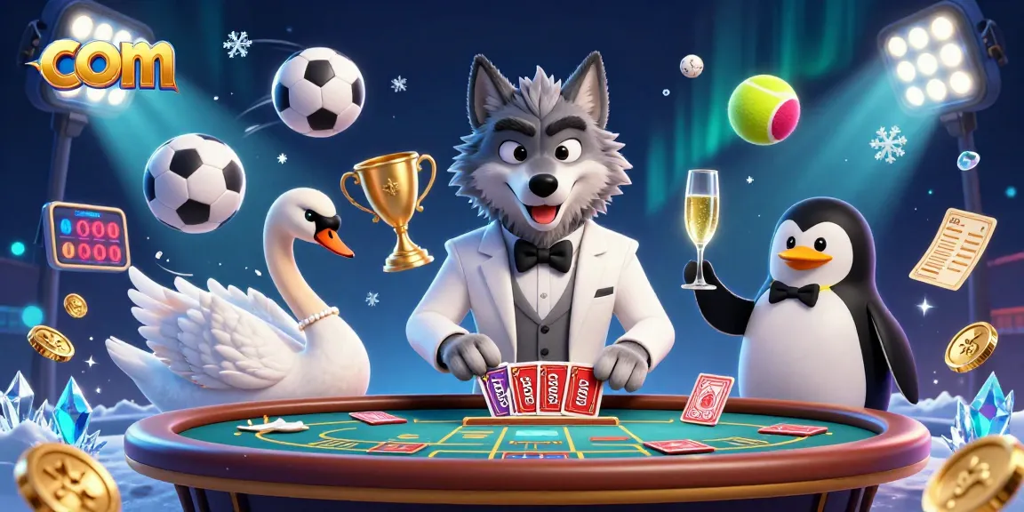 Join a thrilling game at com with a stylish wolf, an elegant swan, and a sophisticated penguin showcasing casino excitement.