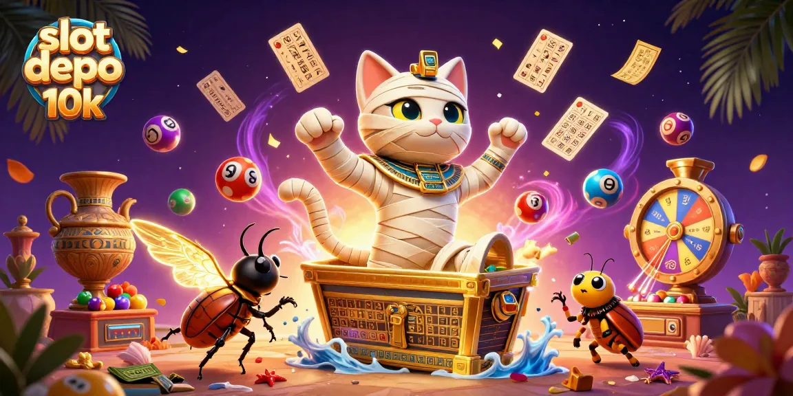 Spin colorful slot depo 10k reels with captivating mummy cat and glowing scarab in an energetic casino scene.