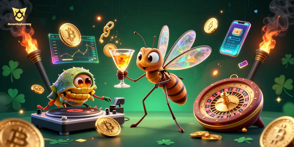 Experience excitement at dacsandatphanrang as a lively mosquito mascot holds a cocktail amidst animated casino vibes.