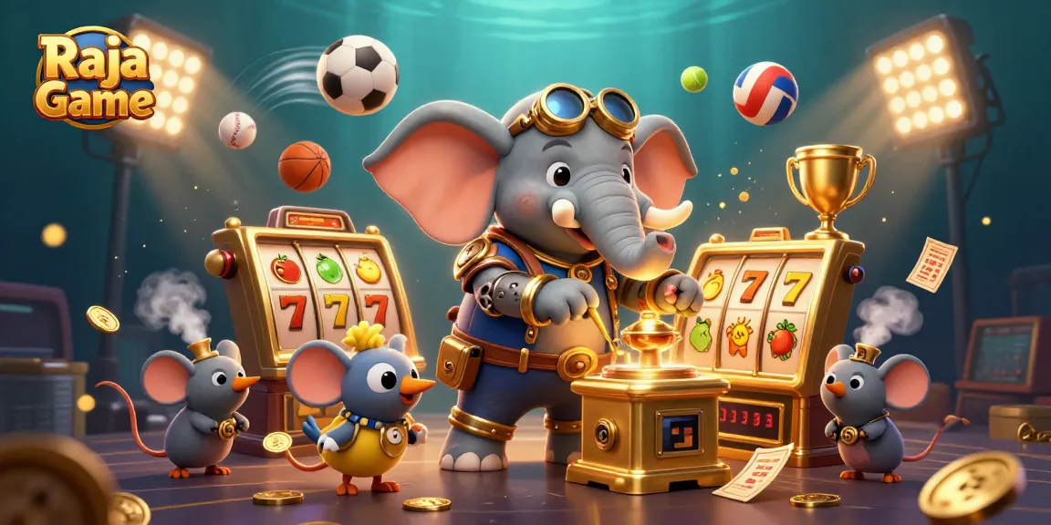 Immerse in Raja Game excitement with a steampunk elephant running a golden slot machine amid vibrant casino elements.
