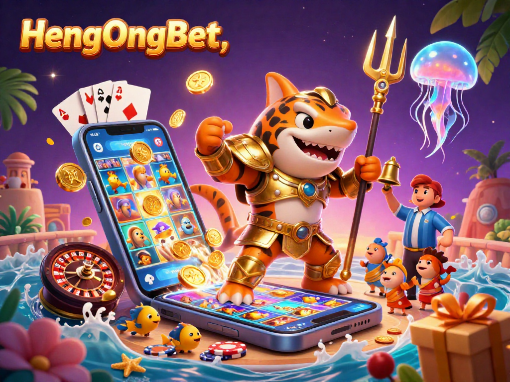 Join the action at HengOngBet with a dynamic 3D casino illustration featuring a tiger shark and exciting gaming elements.