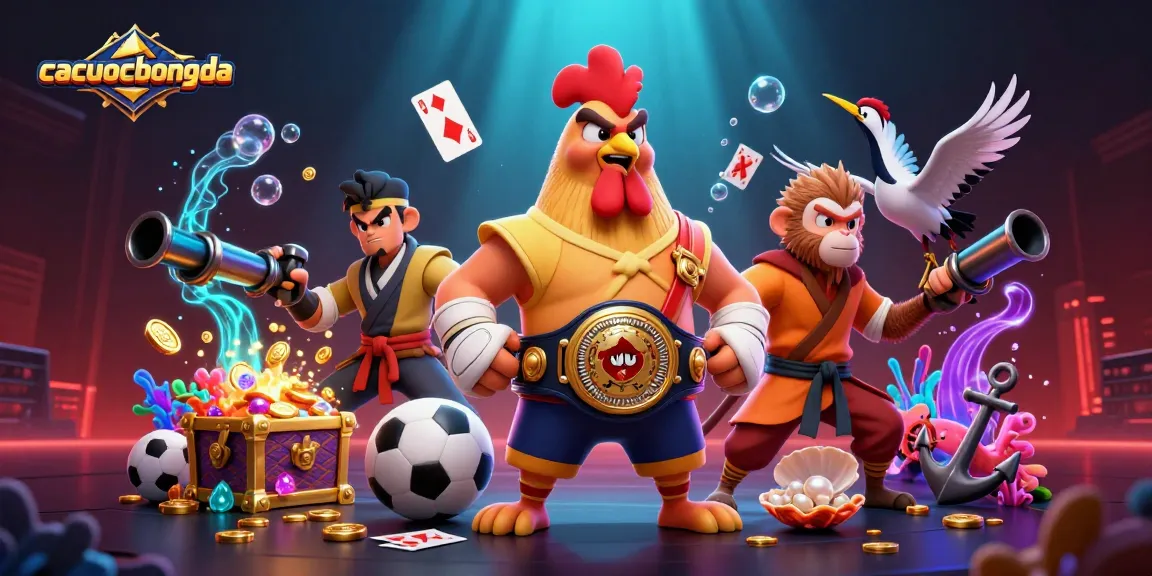 Engage with cacuocbongda in a vibrant cartoon scene showcasing sports betting elements, depicting lively gambling action.