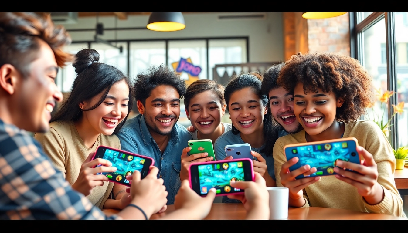 Excited players enjoying Yono games on smartphones in a lively cafe setting.