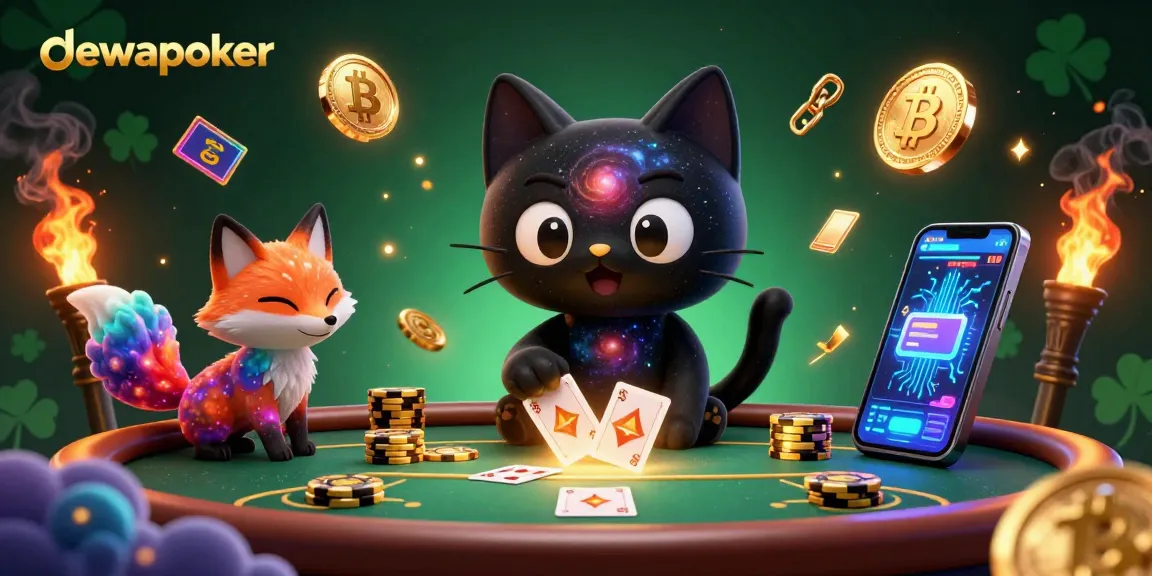 Dewapoker attracts players with a cosmic table featuring a cat and fox dynamic scene, embodying excitement.