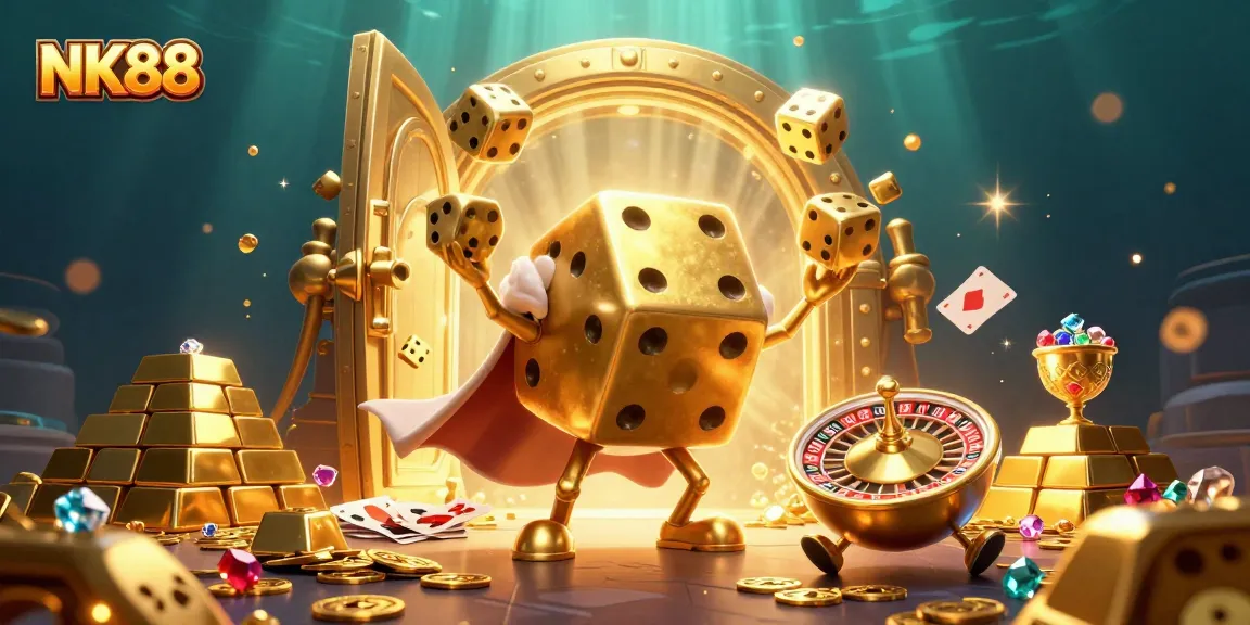 Experience thrilling gaming with NK88, featuring a vibrant 3D casino scene with dynamic characters and exciting elements.