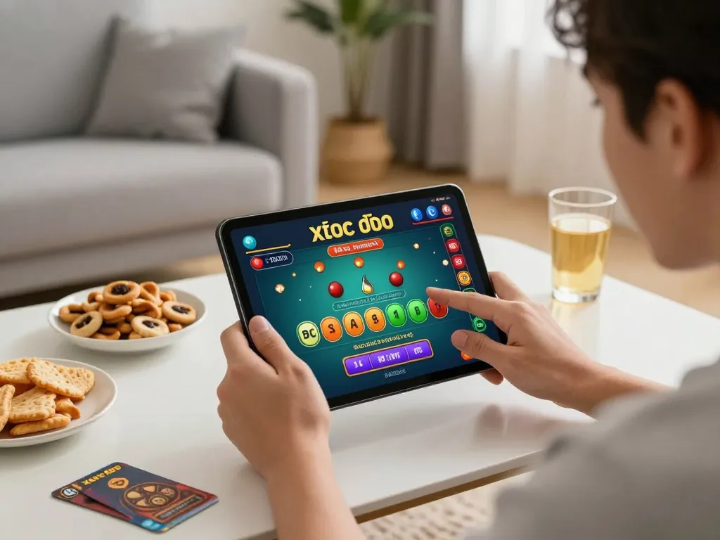 Xóc đĩa gameplay on mobile device capturing intense betting moments in a cozy home setting
