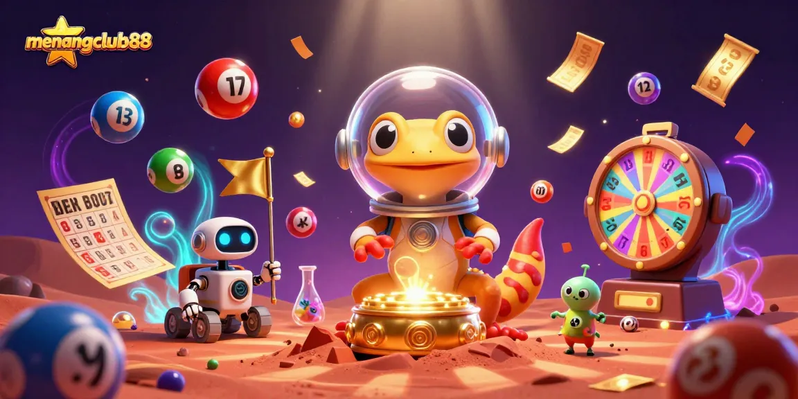 Win big with menangclub88 at a vibrant golden casino in a captivating 3D Martian landscape.