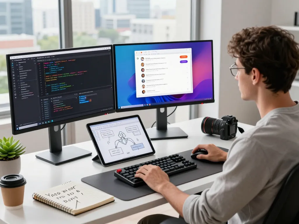 Developer using OpenClaw for productivity in a vibrant tech workspace.