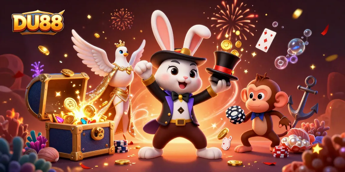 Experience thrilling wins with DU88's magical rabbit and playful monkey in a vibrant casino scene.