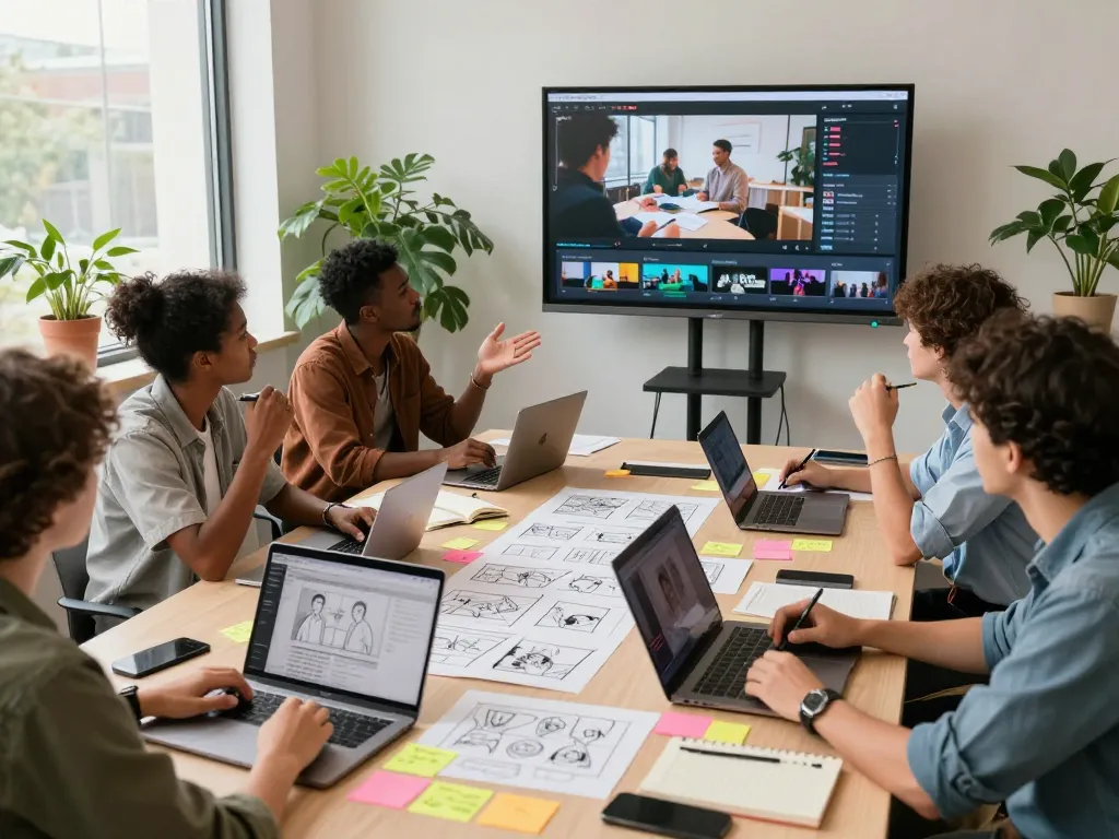 Content creators collaborating using Seedance 2.0 in a modern office environment, showcasing vibrant brainstorming and advanced video creation.