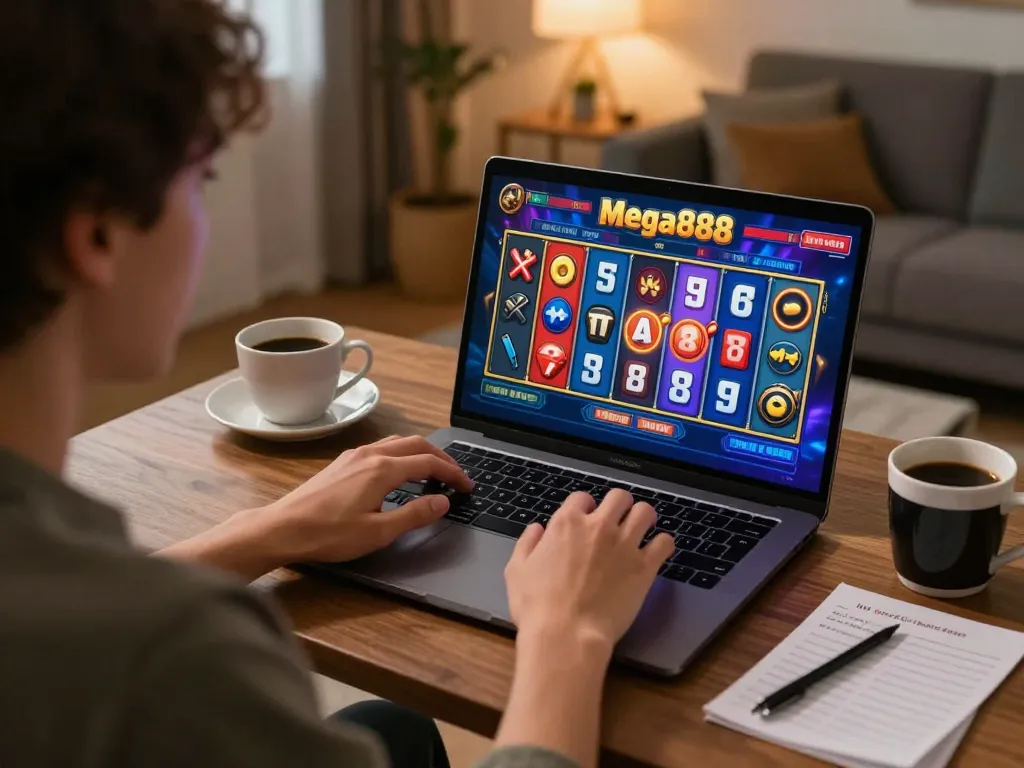 Engaging in Mega888 gameplay online, enjoying free credit mega888 opportunities in a cozy home setup.
