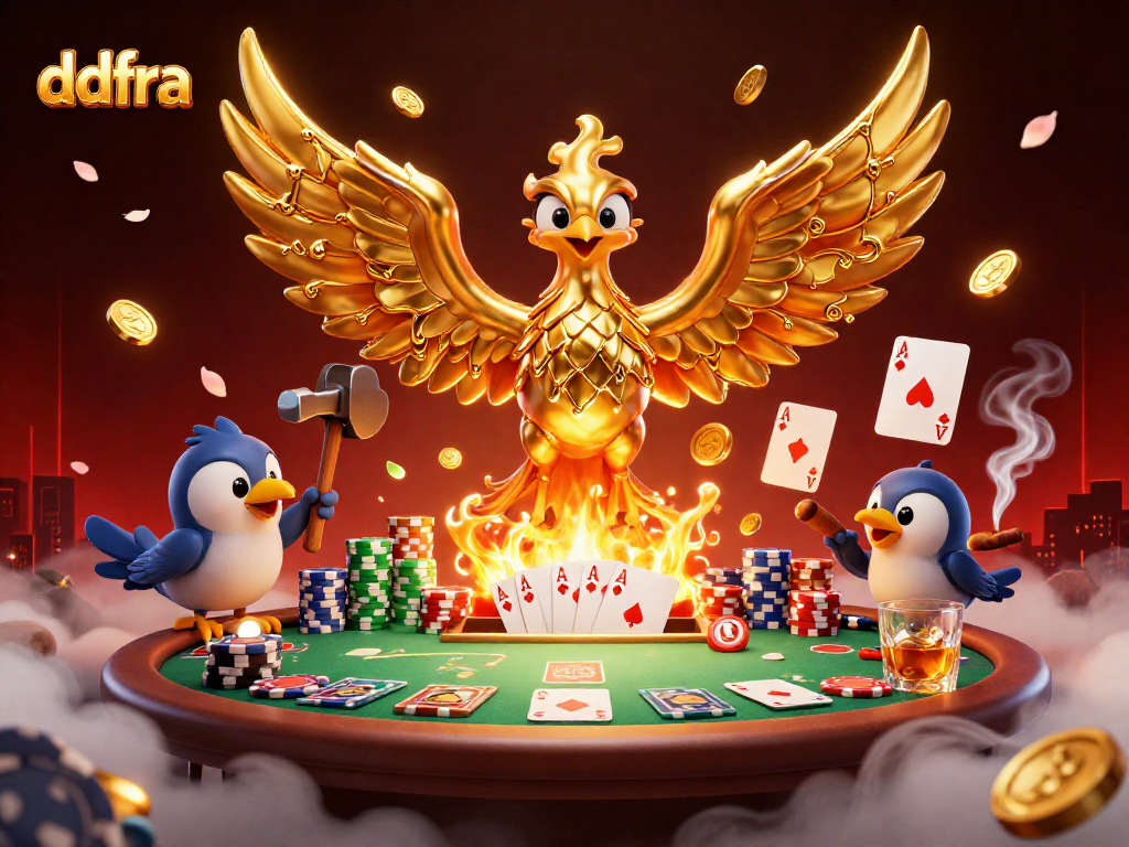 Win at ddfra's vibrant casino with molten golden phoenix and poker elements illustrating excitement