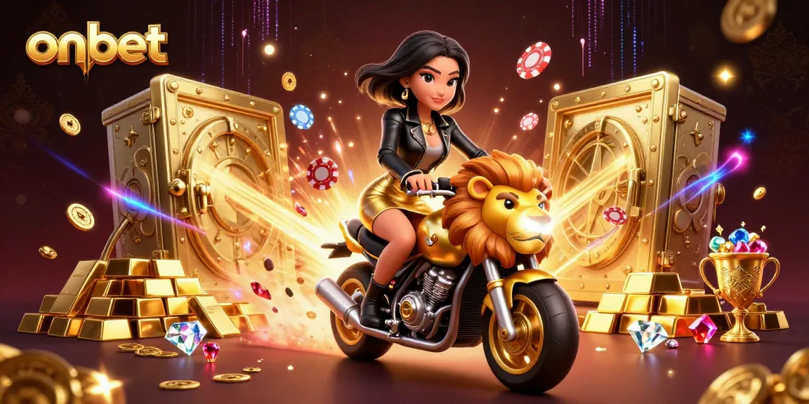 Experience thrilling gameplay at onbet with a glamorous Asian woman riding a golden lion, surrounded by stacks of treasures.