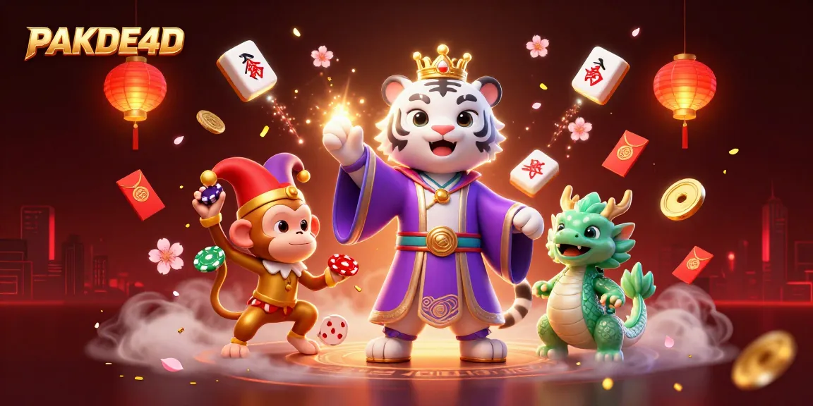 PAKDE4D hadirkan ilustrasi kasino yang megah dengan harimau, monyet dan naga, menggoda para pemain togel.