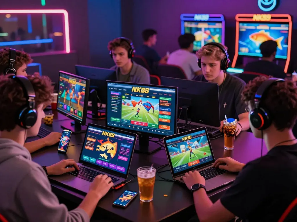 Young gamers enjoying an interactive NK88 online betting experience, featuring diverse devices in a vibrant atmosphere.