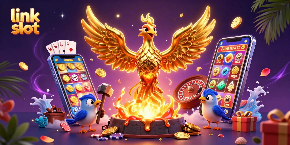 Permainan menarik di link slot dengan phoenix emas meledakkan koin dari smartphone dalam ilustrasi 3D.