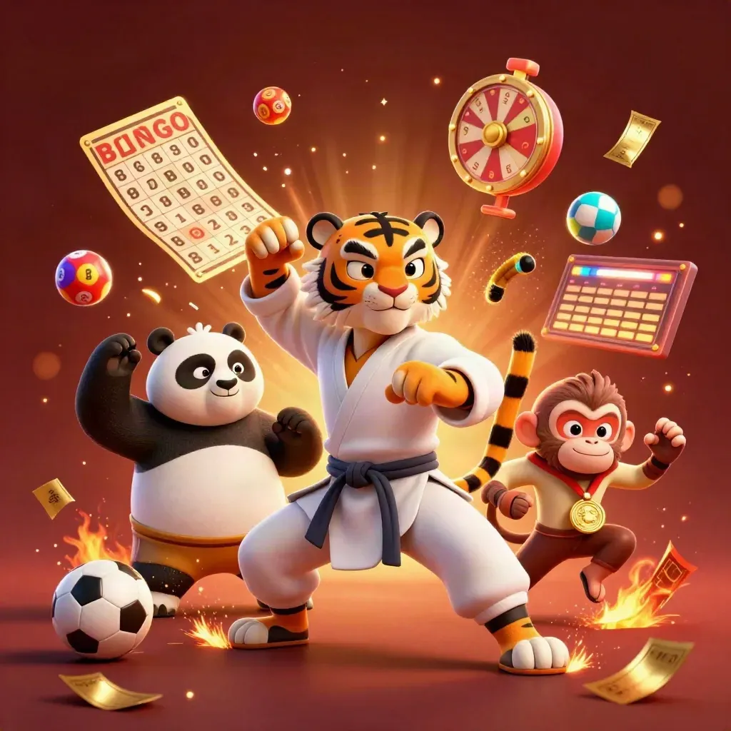 Tiger, panda, and monkey in a jackpot casino burst with lottery balls, wheel, and gold glow.