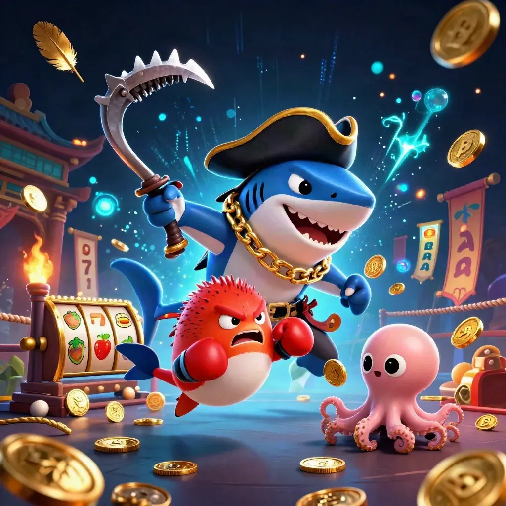 Pirate shark, red pufferfish, and baby octopus amid gold coins and neon casino energy.