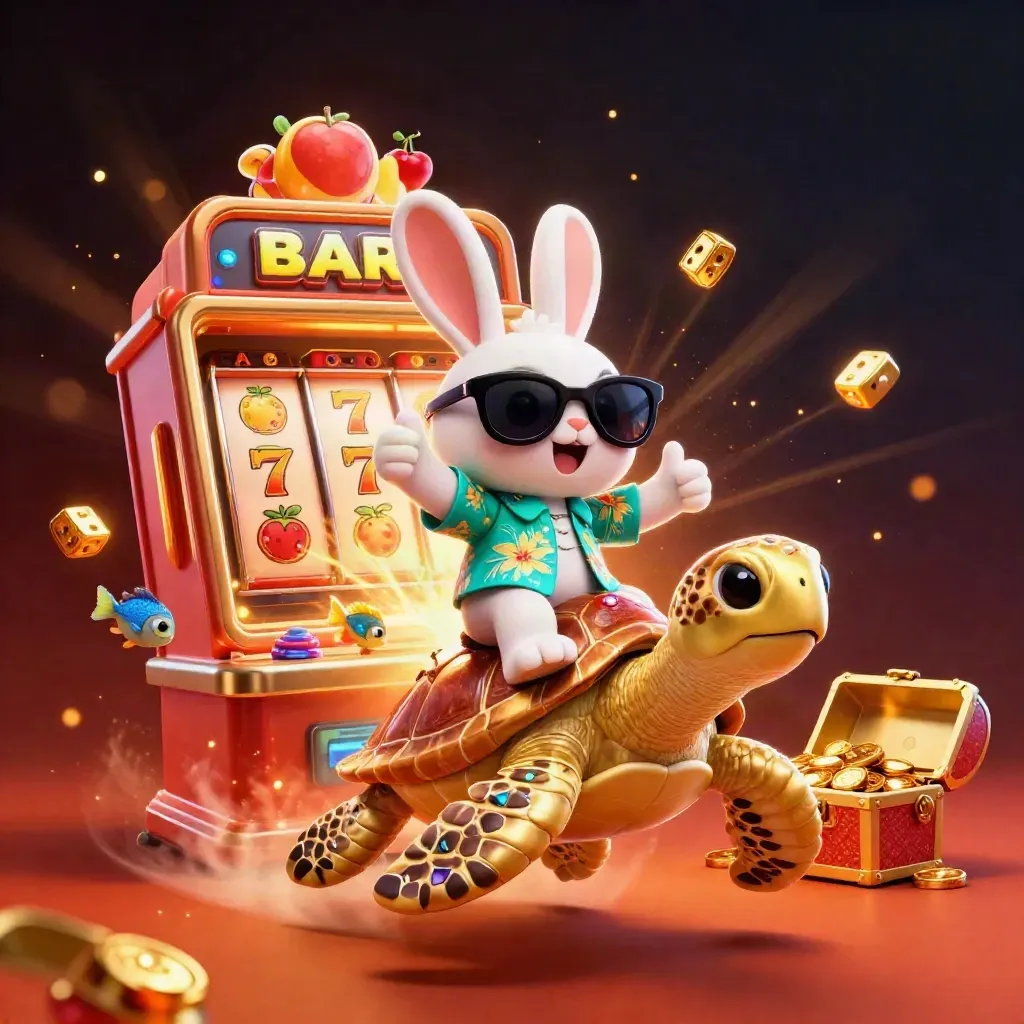 Lucky rabbit rides a golden sea turtle amid slot reels, gold, and jackpot rays.