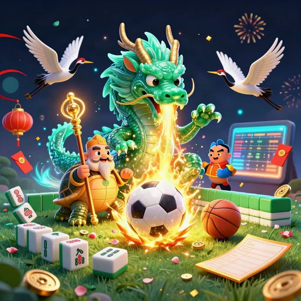 Jade dragon, turtle sage, and cranes amid casino sports icons, fireworks, and golden energy