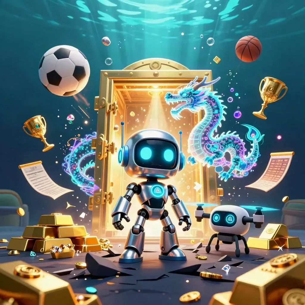 Cyberpunk robot, holographic dragon and drone amid jackpots, soccer and basketball in neon underwater light