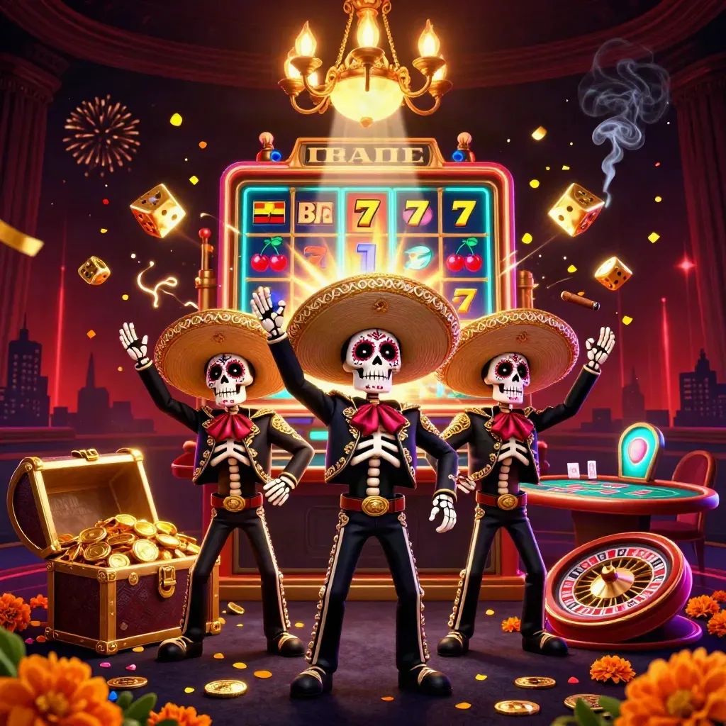 Day-of-the-Dead mariachi trio amid jackpots, glowing casino relics, and neon confetti.