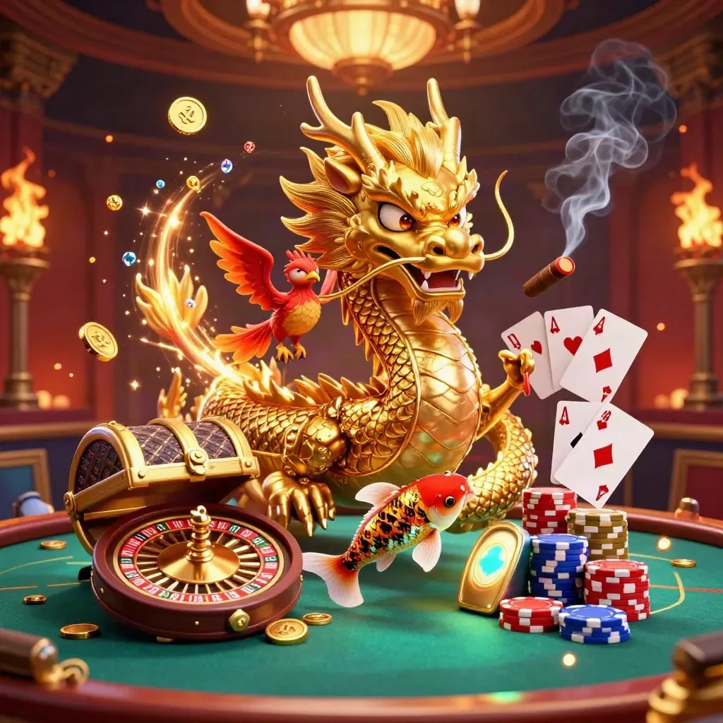 Golden dragon, phoenix, koi and casino treasures amid luxe crimson casino glow.