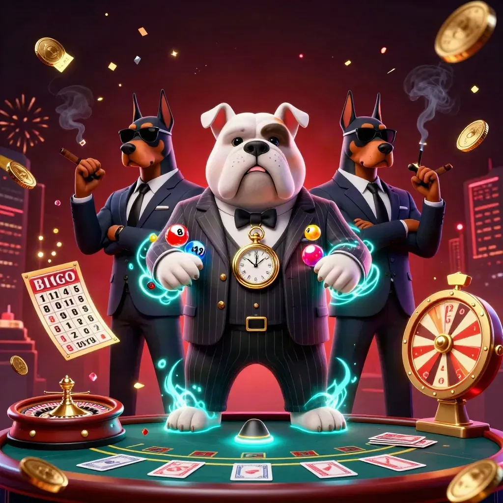 Bulldog boss and Doberman guards in a luxe casino room with jackpot sparks and a spinning wheel.
