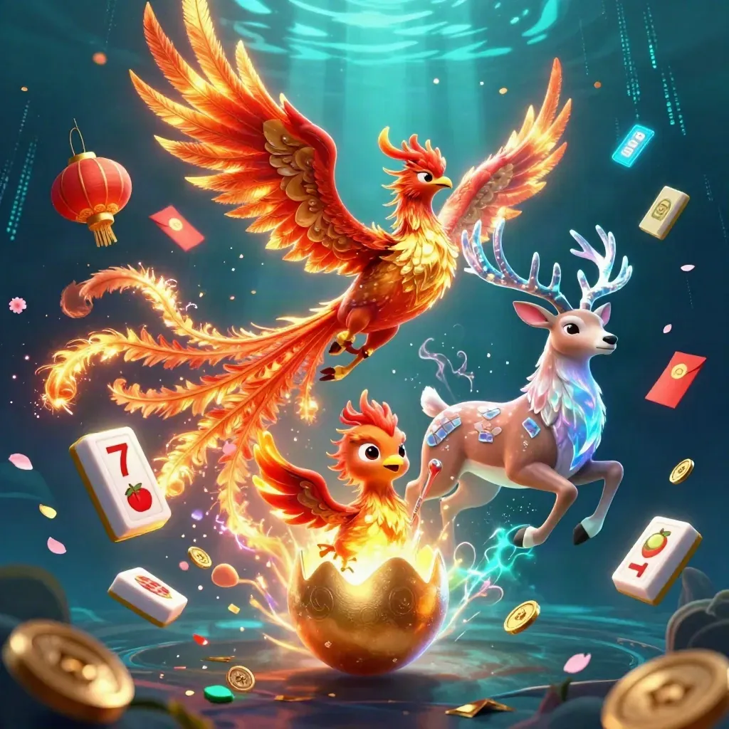 Fire phoenix, hatchling, and crystalline stag amid jackpots, coins, lanterns, and neon energy.