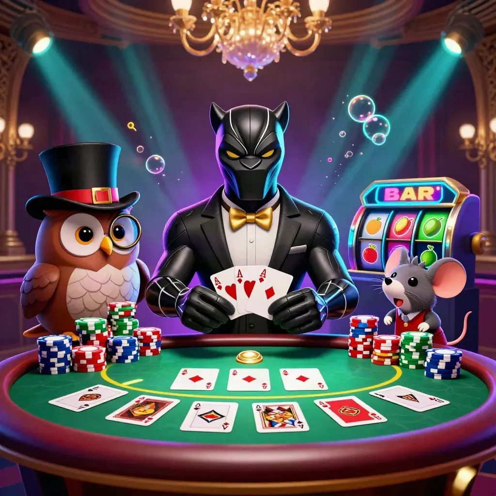 Panther, owl, and mouse at a glowing casino table with chips, cards, and jackpot energy.