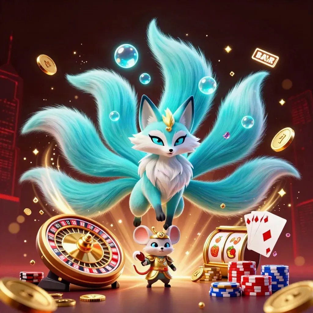 Neon fox spirit, armored mouse, roulette, cards, coins, chips and jackpot glow in a dark casino burst.