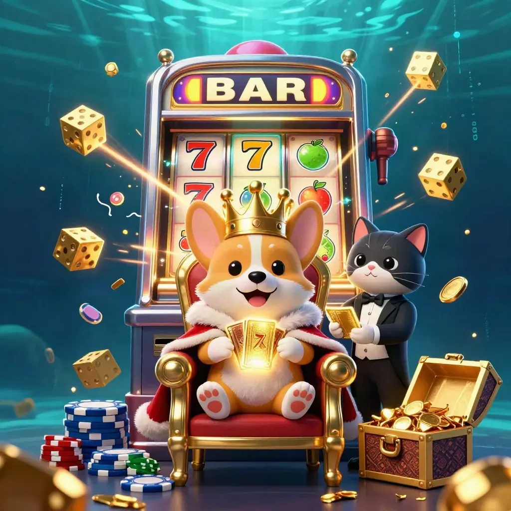 Royal corgi king and cat butler amid a bursting slot machine and gold treasure in neon cyan