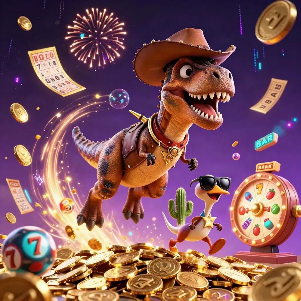 Cowboy T-Rex trio exploding through gold coins, jackpot symbols, fireworks, and neon casino energy.