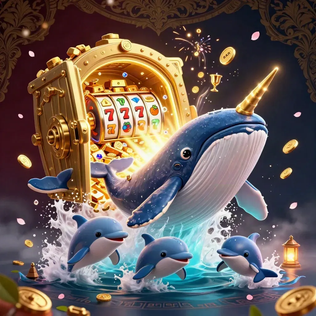 Whale captain, narwhal, and dolphins burst through coins and treasure in luxe casino key art.