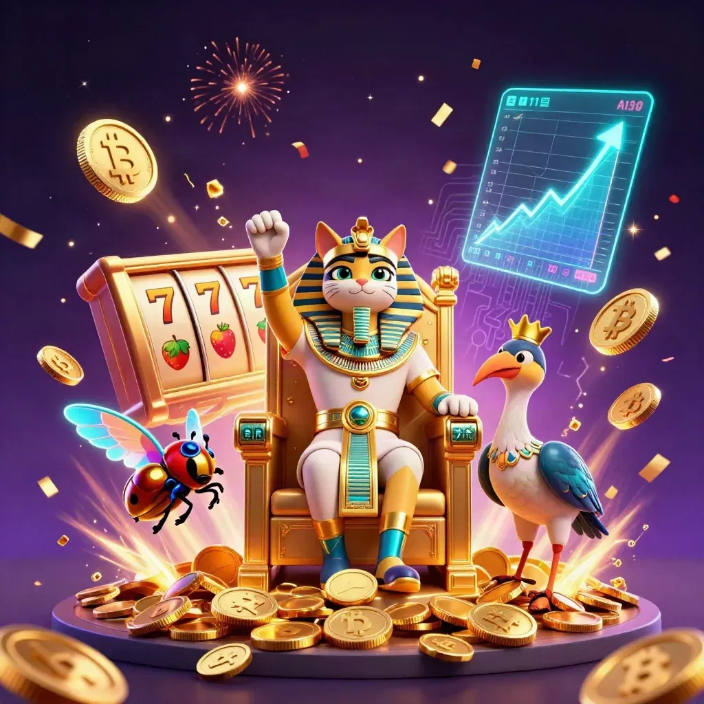 Pharaoh cat on throne with ibis scribe, gem scarabs, coins, fireworks, crypto symbols