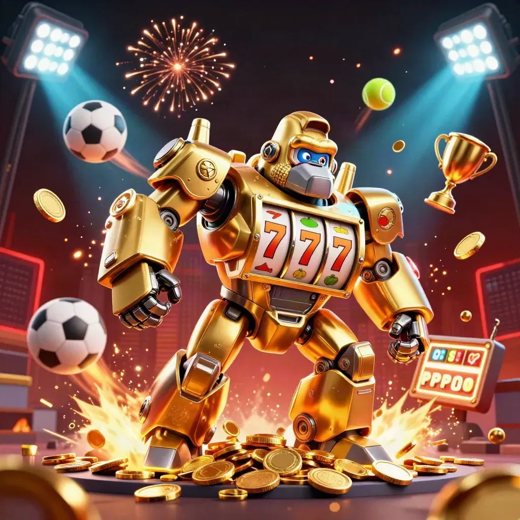 Golden gorilla mech with monkey pilot, coins, sports balls, fireworks, and jackpot chaos