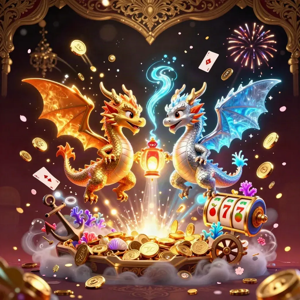 Twin gold and silver dragons spiral through a jeweled jackpot cove with coins and a lantern spirit.