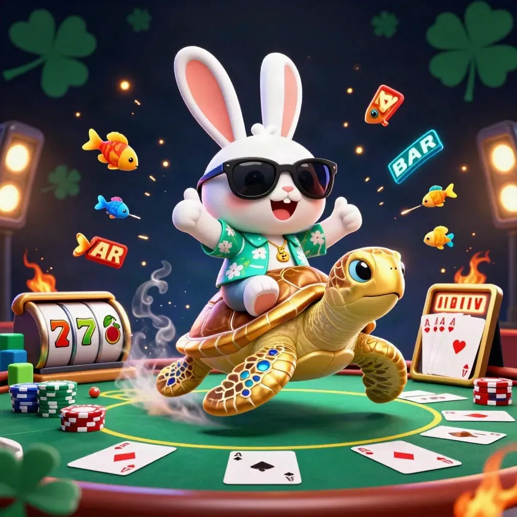 Lucky rabbit rides a golden turtle amid poker chips, reels, and casino sparks
