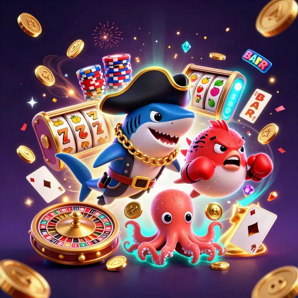Pirate shark, boxing pufferfish, and juggling octopus amid casino coins and glowing reels