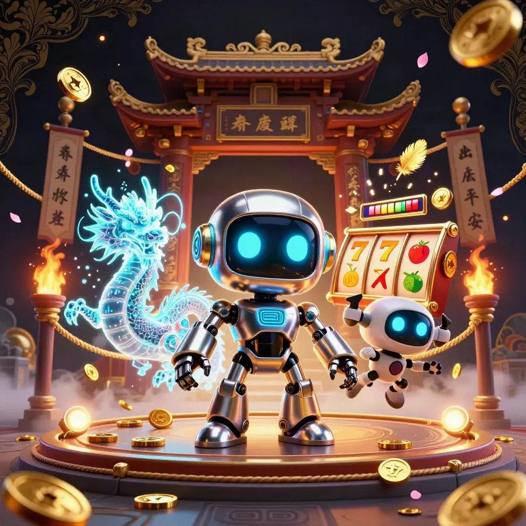 Cyberpunk robot, holographic dragon and coin drone amid jackpots, temple gate and gold sparks.