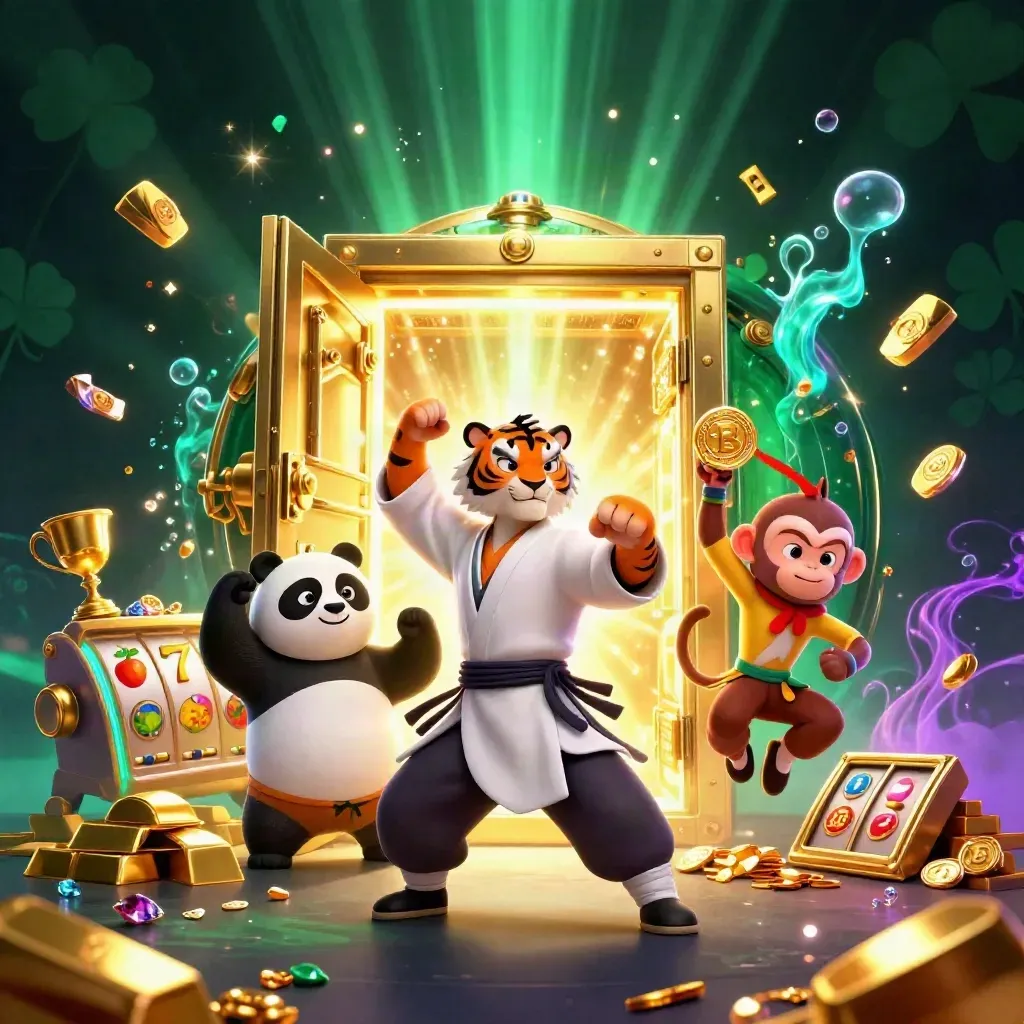 Kung-fu tiger, panda and monkey amid jackpot vault, gold, gems and slot symbols in neon casino glow