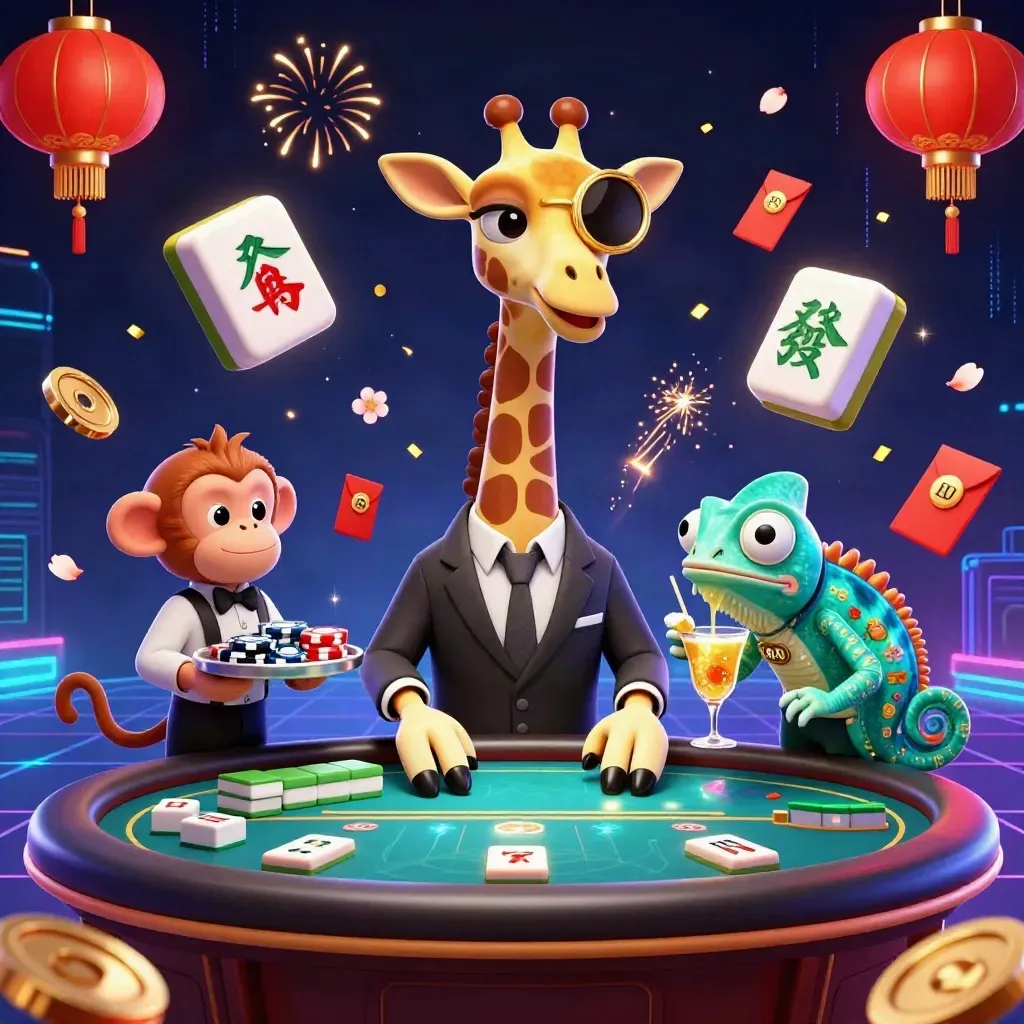 Giraffe, monkey and chameleon at a neon VIP poker table amid jackpot symbols.