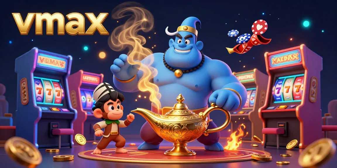 Experience exhilarating gaming at vmax with a blue genie and vibrant casino elements.