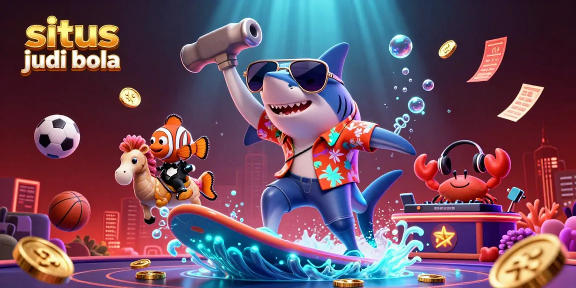 Engage in situs judi bola action with a shark surfing gold coins and dynamic sports betting elements